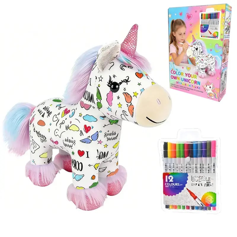 🦄 DIY Coloring Unicorn Plush Kit – Reusable Stuffed Animal Craft Set with 12 Washable Markers, Kids Gift for Ages 3–8, Birthday & Holiday Presents