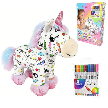 🦄 DIY Coloring Unicorn Plush Kit – Reusable Stuffed Animal Craft Set with 12 Washable Markers, Kids Gift for Ages 3–8, Birthday & Holiday Presents