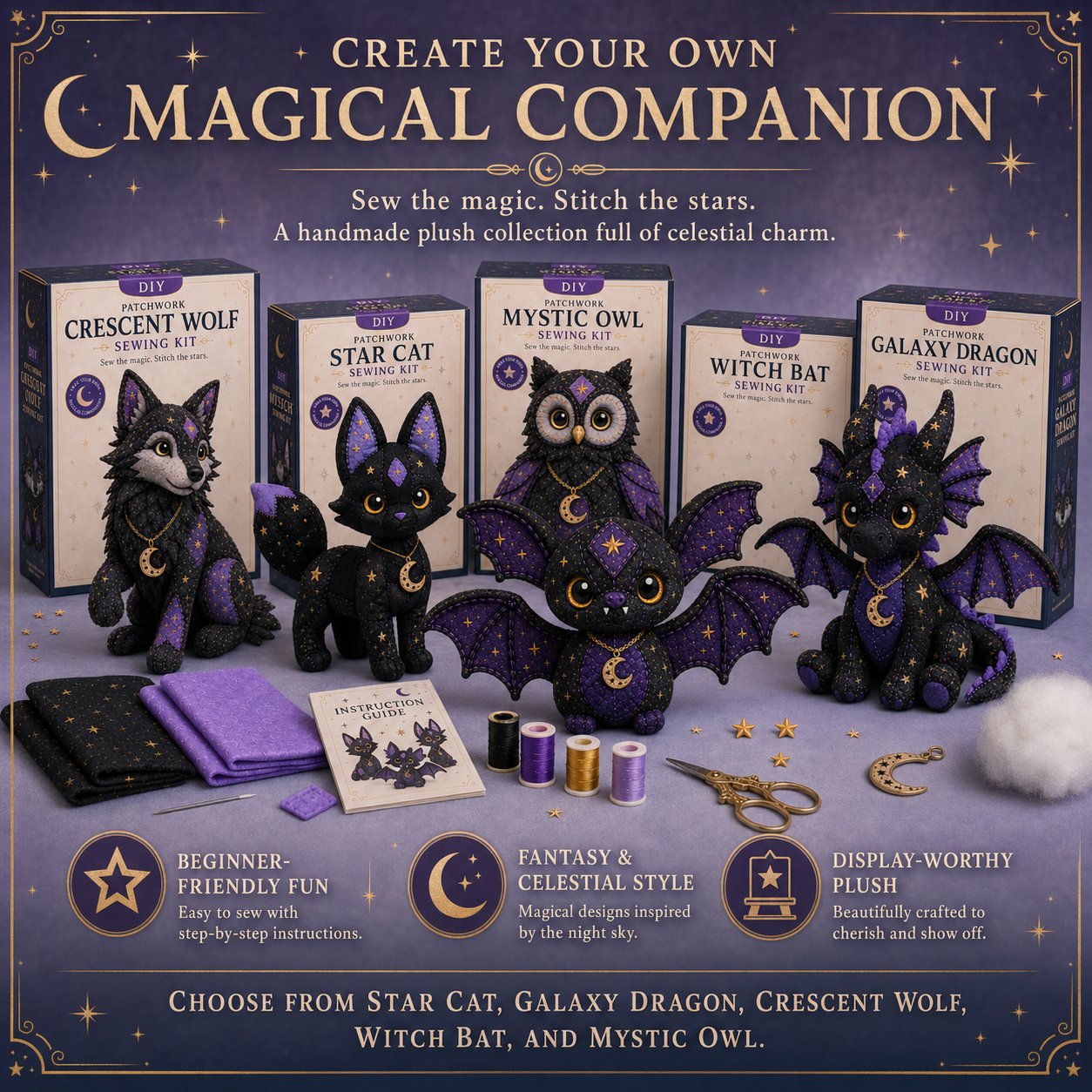 🔥LAST DAY 50% OFF - 🐱Mystic Patchwork Animal Sewing Kit – DIY Plush Craft Kit with Starry Fabric, Moon Charm