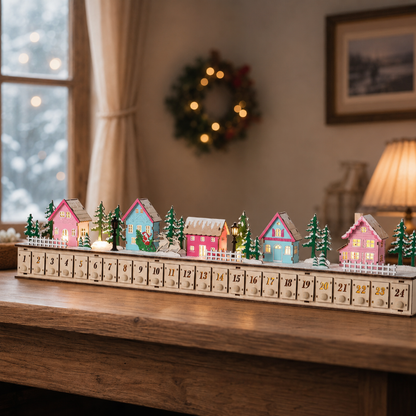 Home Reflections Christmas Village Advent Calendar – DIY Wooden Countdown Decoration with LED Lights, Music & 24 Gift Drawers