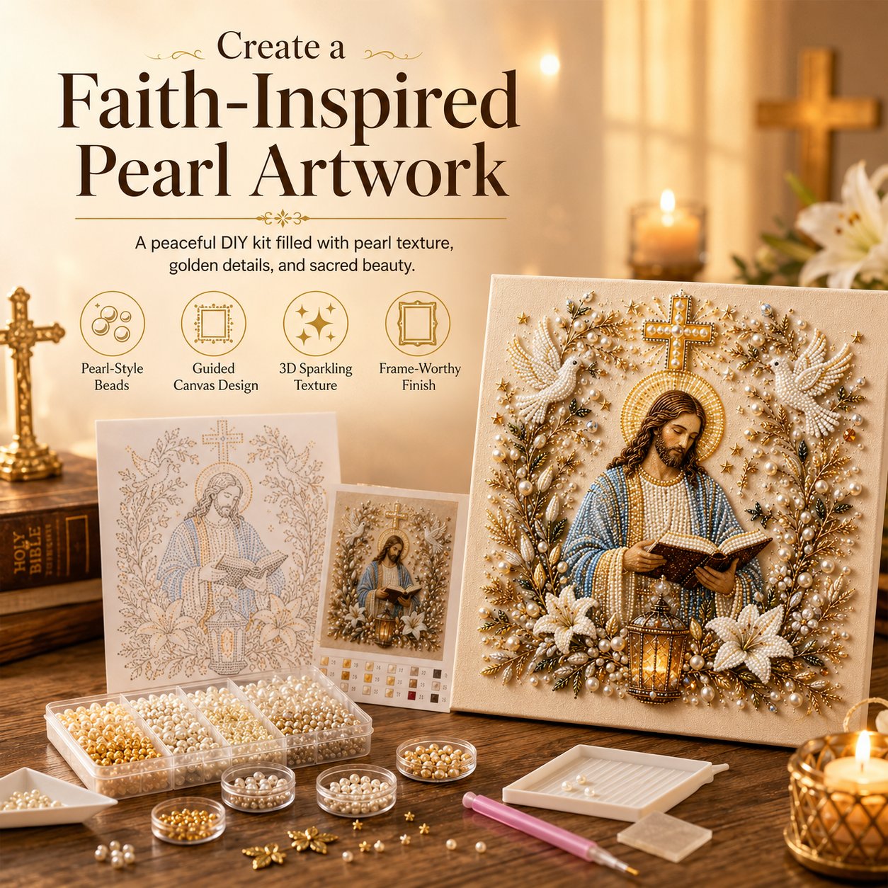 ✝️ DIY Jesus Pearl Art Kit | 3D Pearl-Style Christian Artwork for Prayer Corners & Faith Gifts