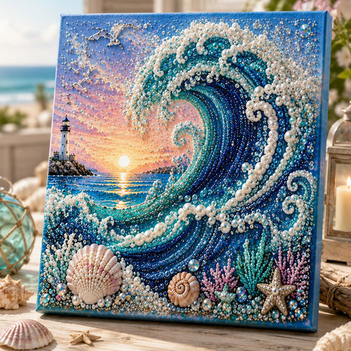 🌊Premium 3D Pearl Ocean Wall Art Kit | Luxury Ocean Theme Canvas with Scratch-Resistant Non-Fading Pearl Beads DIY Coastal Decor 🐚✨