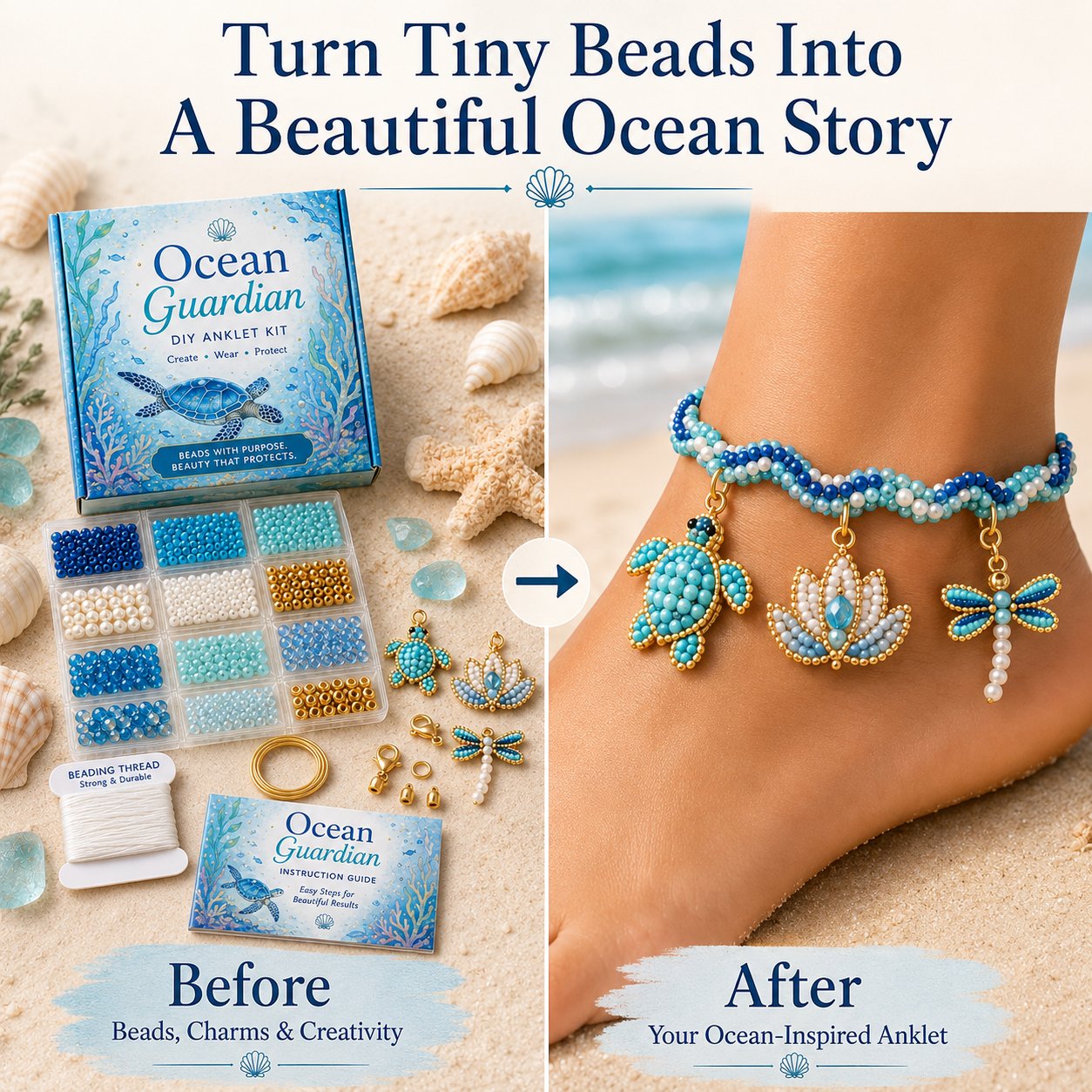 🔥 LAST DAY 49% OFF – 🌊✨ Ocean Guardian DIY Beaded Anklet Kit | Luxury Ocean Theme Anklet with Color-Matched Beads & Sea Charms DIY Coastal Jewelry 🐚✨