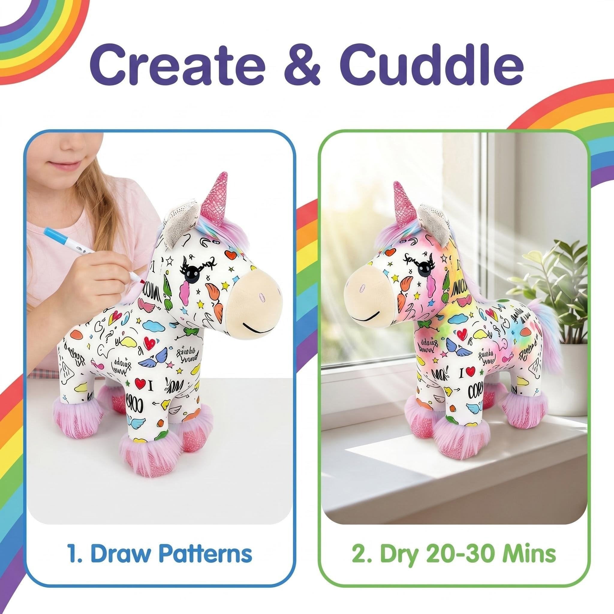 🦄 DIY Coloring Unicorn Plush Kit – Reusable Stuffed Animal Craft Set with 12 Washable Markers, Kids Gift for Ages 3–8, Birthday & Holiday Presents