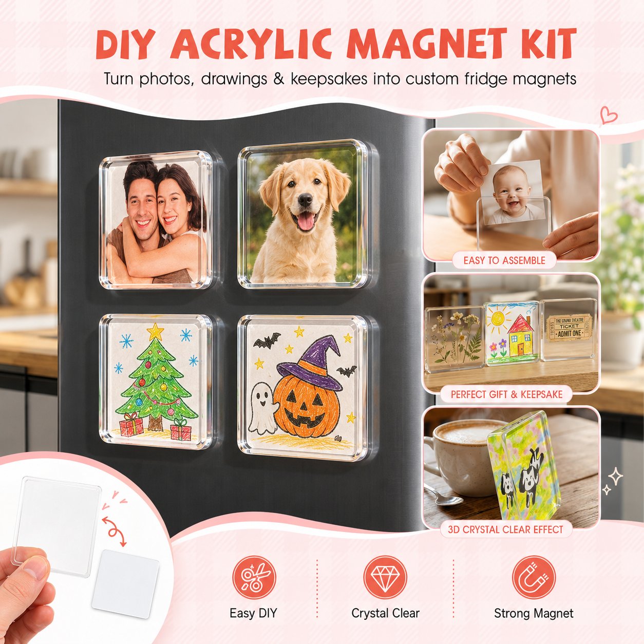 💕 DIY 3D Crystal Clear Acrylic Photo Fridge Magnet Kit – Create Personalized Memory Keepsakes 🎞✨