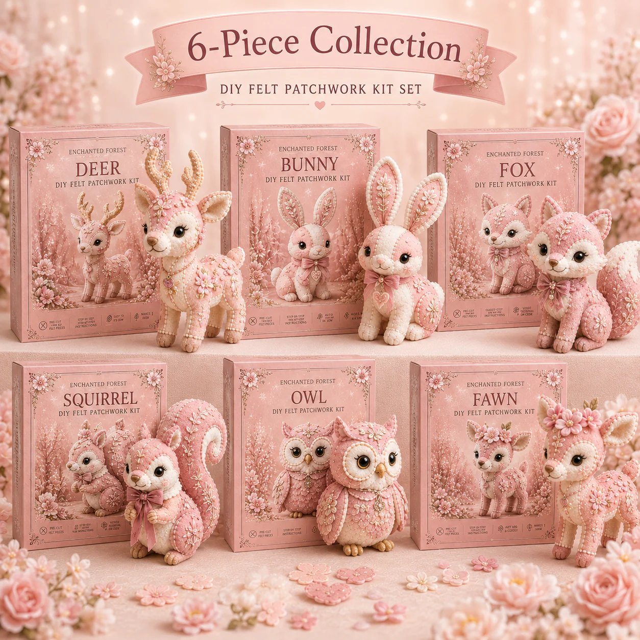 🔥LAST DAY 50% OFF - 💗Pink Woodland Friends DIY Felt Sewing Kit – Make Your Own Cute Animal