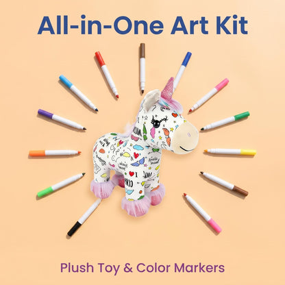 🦄 DIY Coloring Unicorn Plush Kit – Reusable Stuffed Animal Craft Set with 12 Washable Markers, Kids Gift for Ages 3–8, Birthday & Holiday Presents