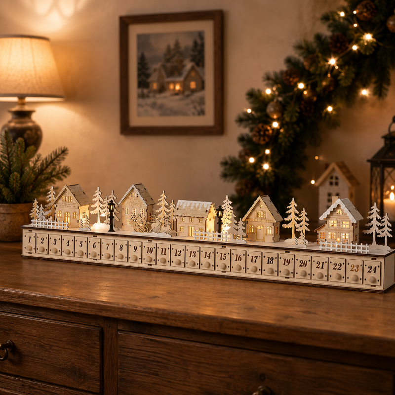 Home Reflections Christmas Village Advent Calendar – DIY Wooden Countdown Decoration with LED Lights, Music & 24 Gift Drawers