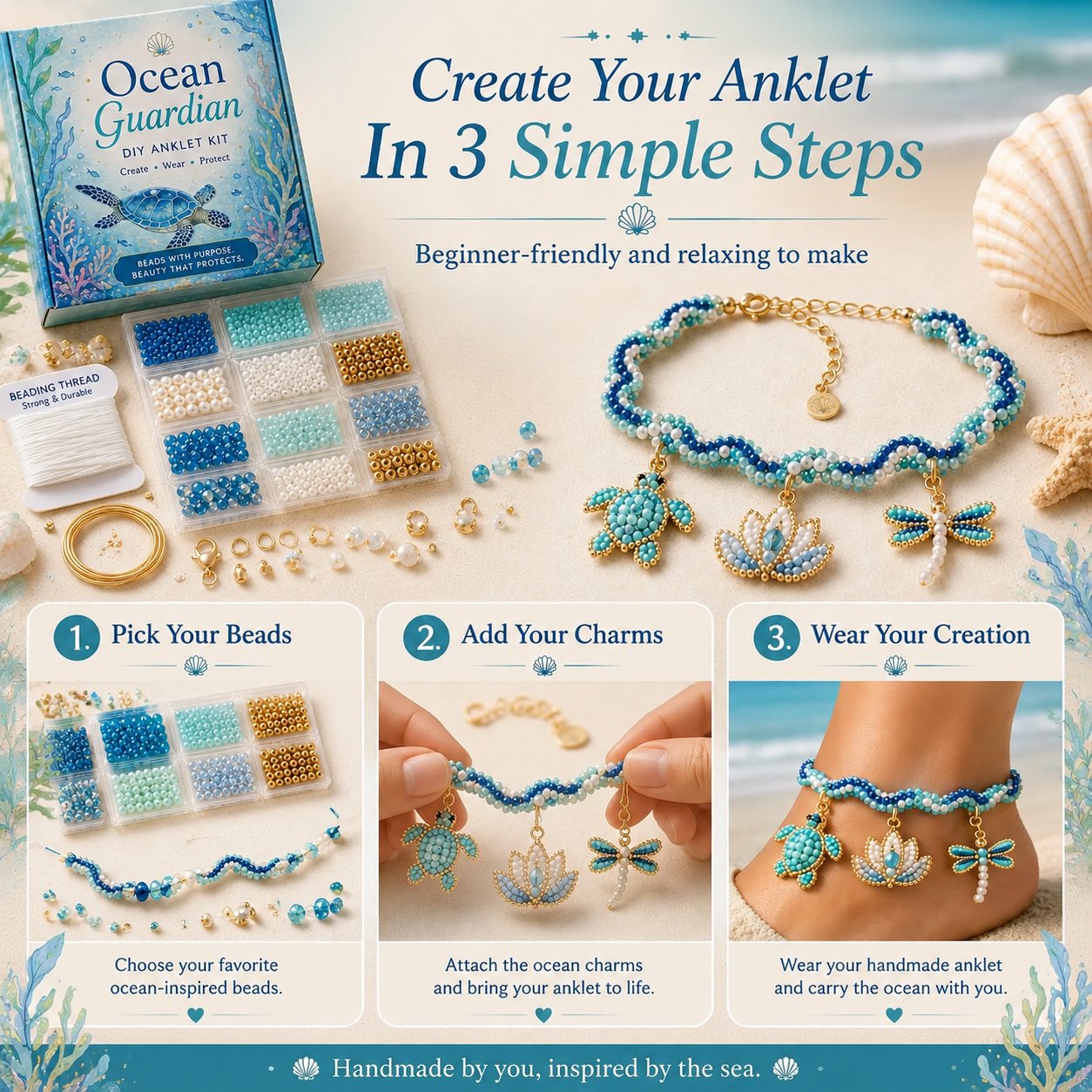 🔥 LAST DAY 49% OFF – 🌊✨ Ocean Guardian DIY Beaded Anklet Kit | Luxury Ocean Theme Anklet with Color-Matched Beads & Sea Charms DIY Coastal Jewelry 🐚✨