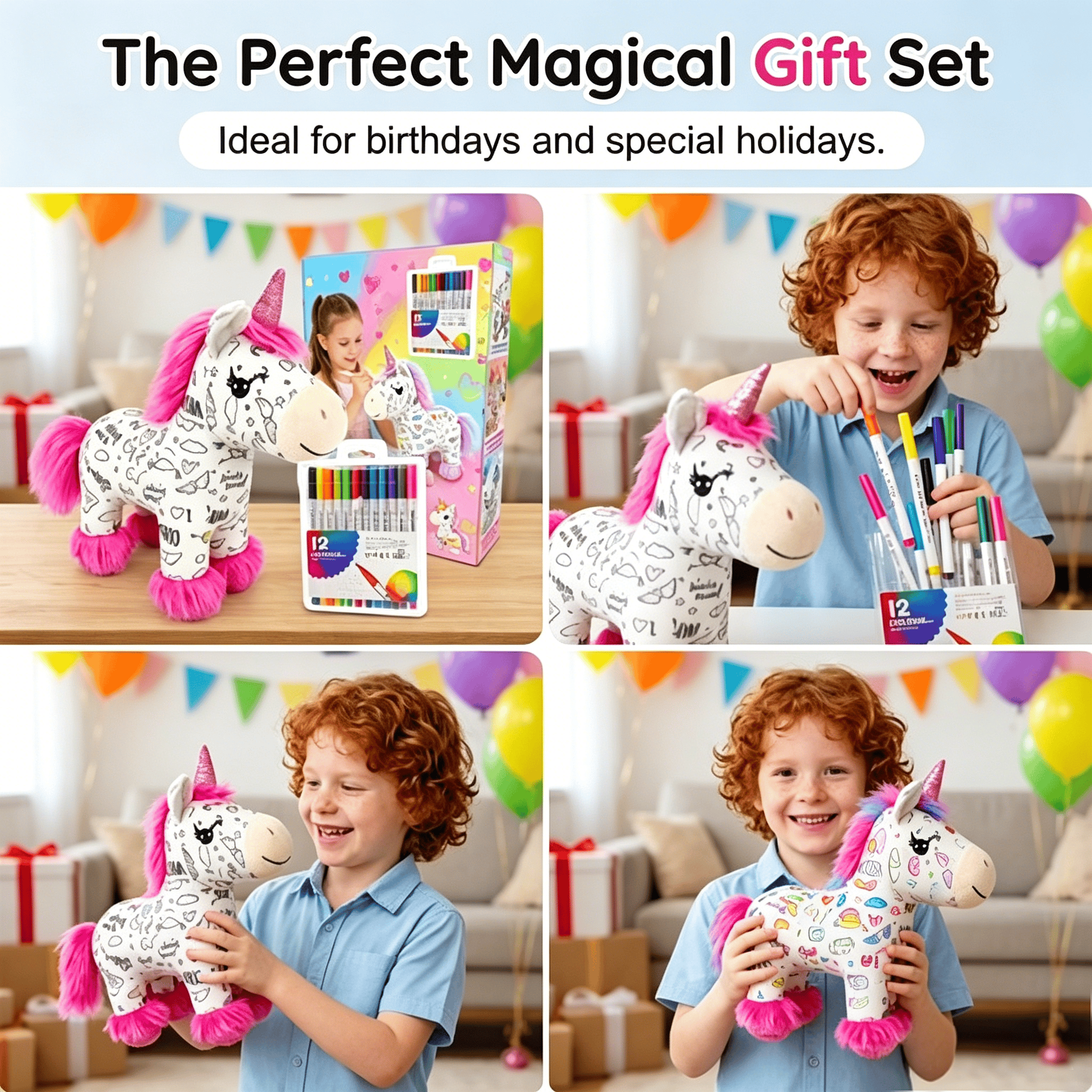 🦄 DIY Coloring Unicorn Plush Kit – Reusable Stuffed Animal Craft Set with 12 Washable Markers, Kids Gift for Ages 3–8, Birthday & Holiday Presents