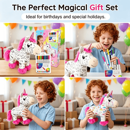 🦄 DIY Coloring Unicorn Plush Kit – Reusable Stuffed Animal Craft Set with 12 Washable Markers, Kids Gift for Ages 3–8, Birthday & Holiday Presents