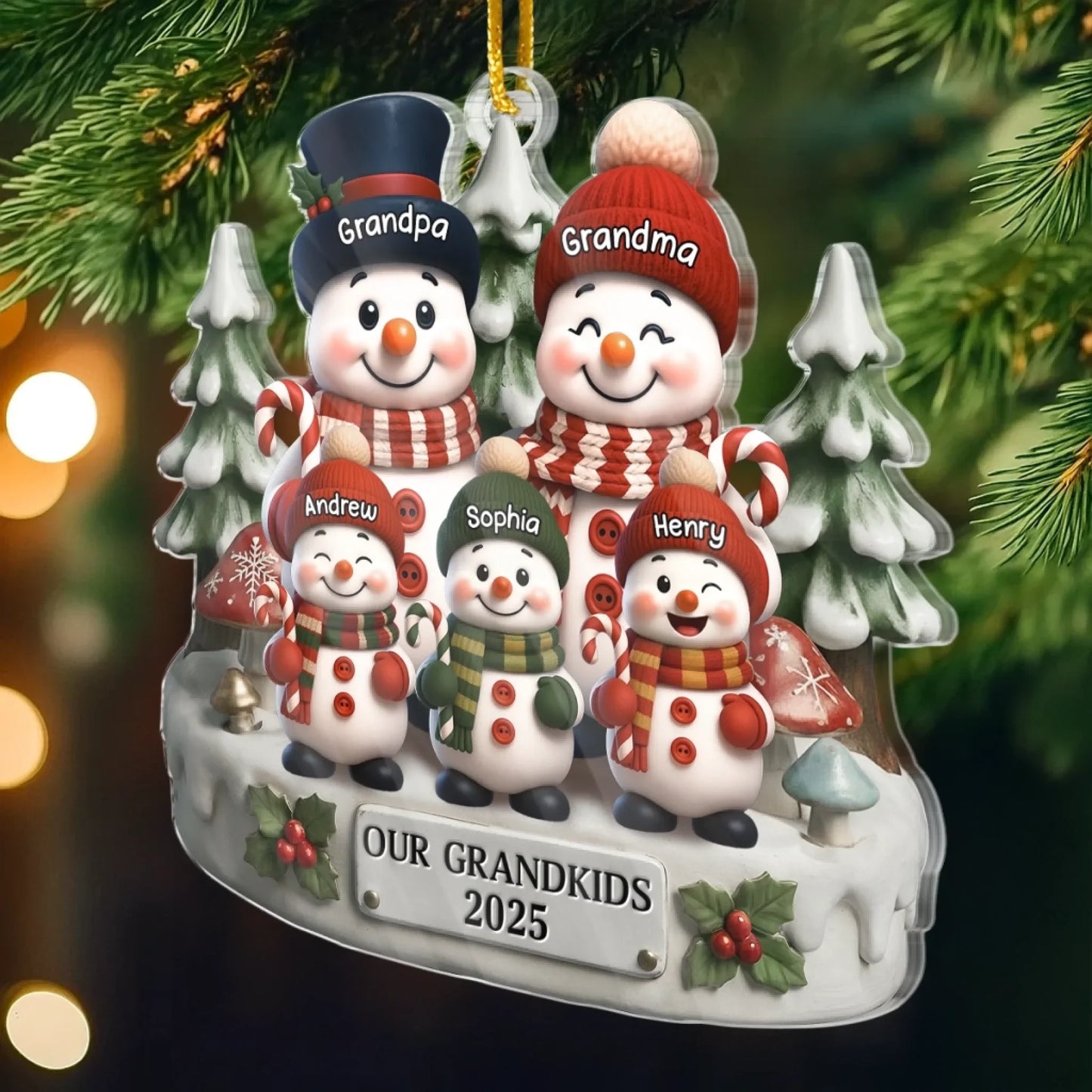 Custom Snowman Acrylic Ornament - Personalized Christmas Birthday Gifts For Grandpa, Grandma - Love Builds Where We Belong