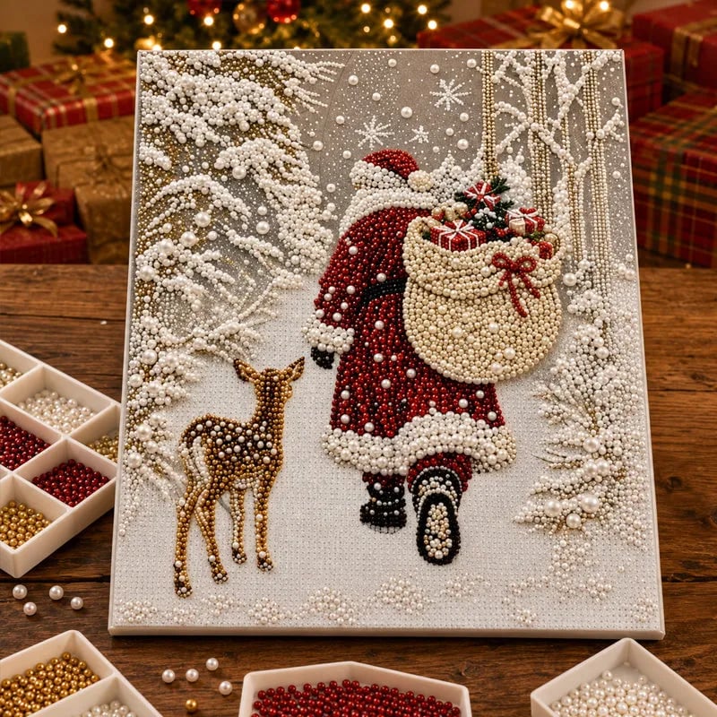 🎅🎄 Premium 3D Pearl Christmas Reindeer Diamond Painting Art Kit |  Luxury Flocked Canvas with Scratch-Resistant Non-Fading Pearl Beads DIY Holiday Decor⛄️❄️