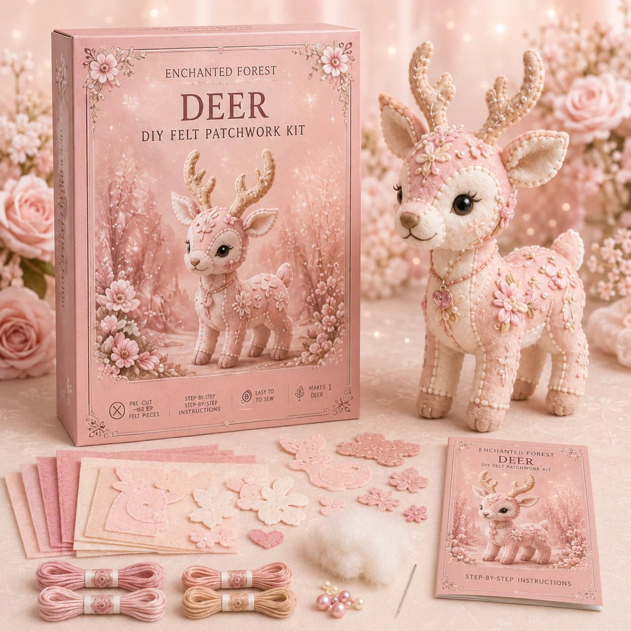 🔥LAST DAY 50% OFF - 💗Pink Woodland Friends DIY Felt Sewing Kit – Make Your Own Cute Animal