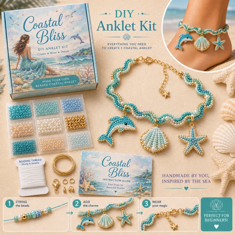 🔥 LAST DAY 49% OFF – 🌊✨ Ocean Guardian DIY Beaded Anklet Kit | Luxury Ocean Theme Anklet with Color-Matched Beads & Sea Charms DIY Coastal Jewelry 🐚✨