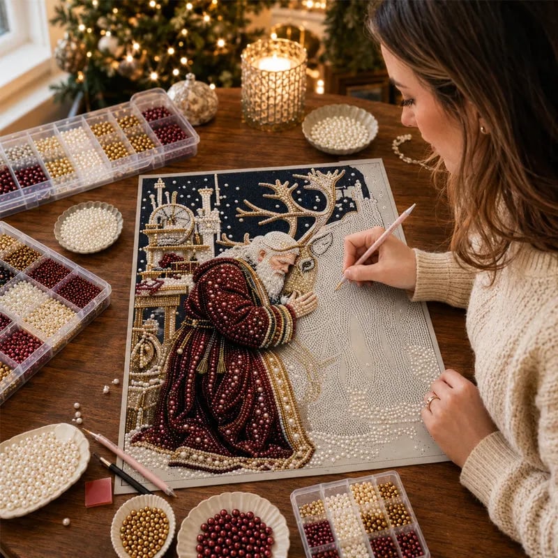 🎅🎄 Premium 3D Pearl Christmas Reindeer Diamond Painting Art Kit |  Luxury Flocked Canvas with Scratch-Resistant Non-Fading Pearl Beads DIY Holiday Decor⛄️❄️