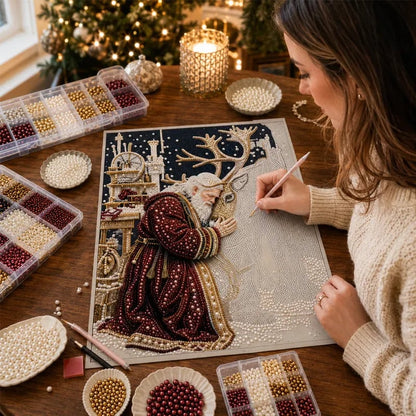 🎅🎄 Premium 3D Pearl Christmas Reindeer Diamond Painting Art Kit |  Luxury Flocked Canvas with Scratch-Resistant Non-Fading Pearl Beads DIY Holiday Decor⛄️❄️