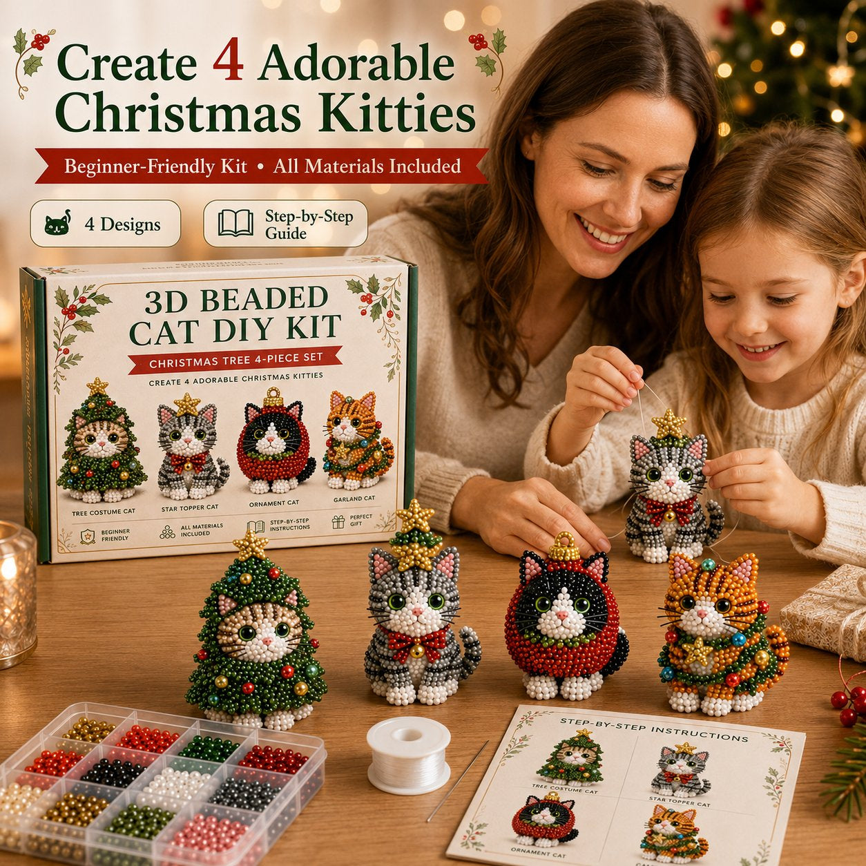 🐱🎄 Premium 3D Beaded Christmas Cats DIY Kit ✨