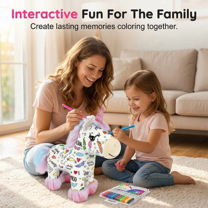 🦄 DIY Coloring Unicorn Plush Kit – Reusable Stuffed Animal Craft Set with 12 Washable Markers, Kids Gift for Ages 3–8, Birthday & Holiday Presents