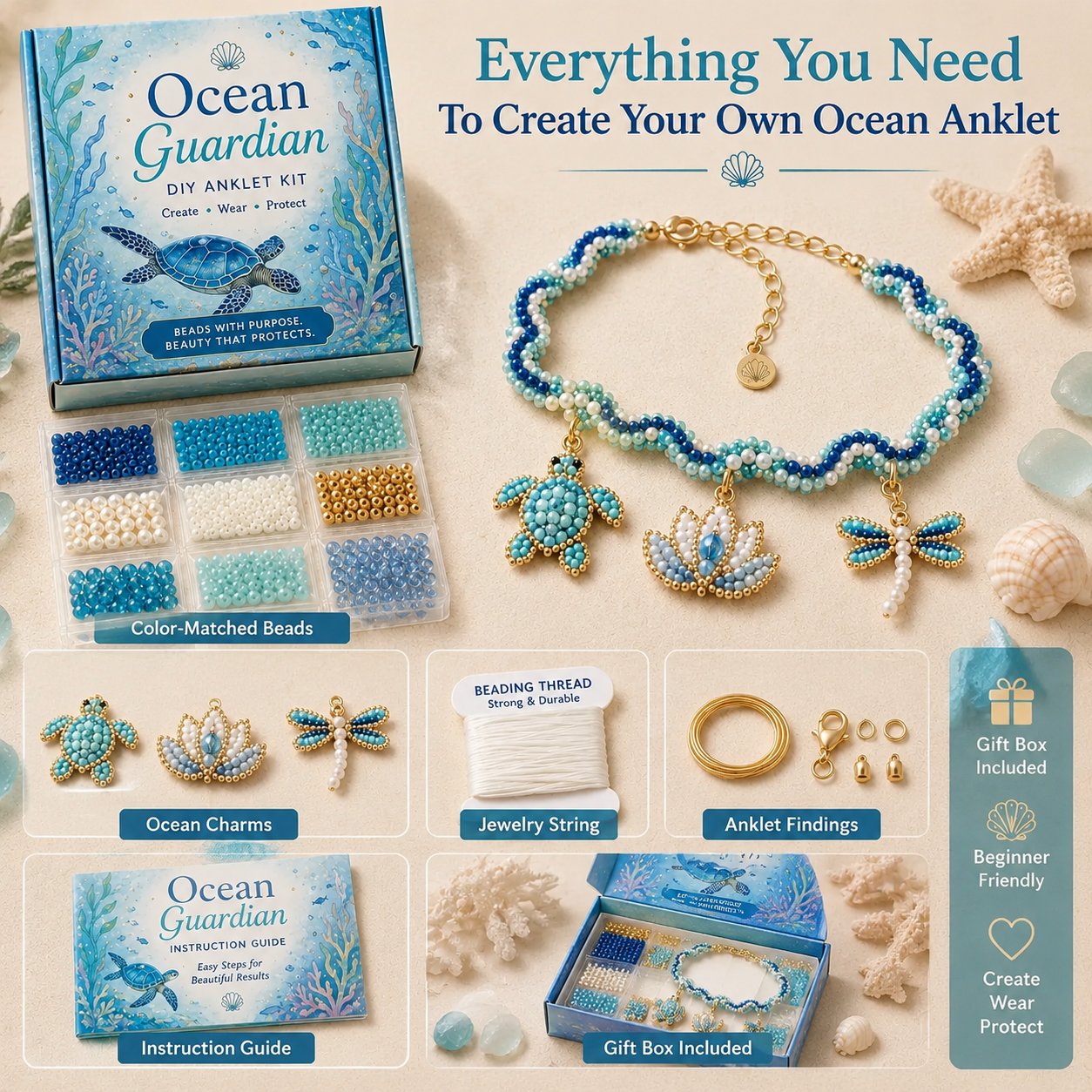 🔥 LAST DAY 49% OFF – 🌊✨ Ocean Guardian DIY Beaded Anklet Kit | Luxury Ocean Theme Anklet with Color-Matched Beads & Sea Charms DIY Coastal Jewelry 🐚✨