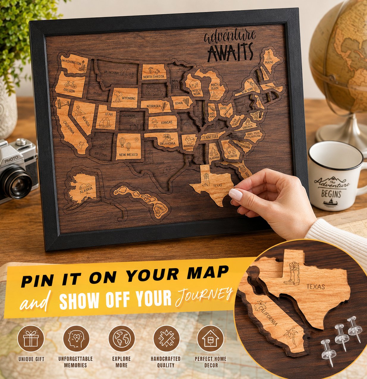 🇺🇸 Wooden USA Travel Map Puzzle🧩 DIY Your Own USA Photo Map & Track Every Journey✨