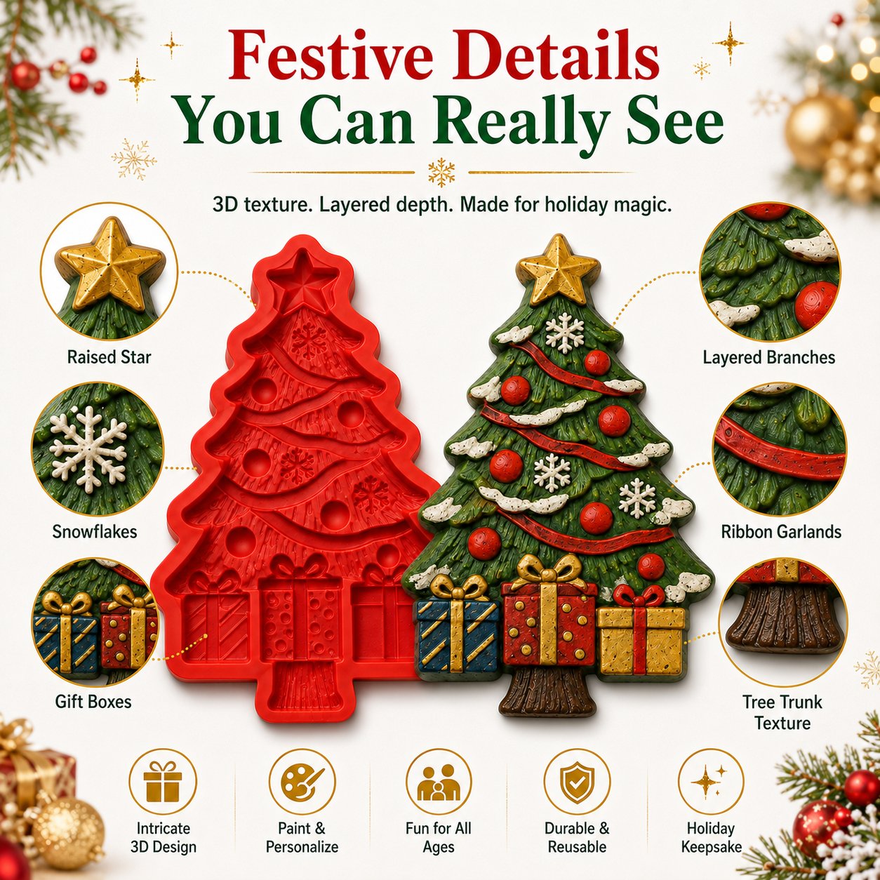🎄 DIY Christmas Tree Mold & Paint Craft Kit | Reusable 3D Mold with 8 Acrylic Paints, 2 Brushes & Festive Detail Guide 🎨✨